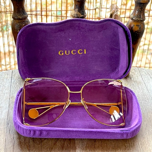 🌟 Gucci GG0252S 005 Butterfly Sunglasses - Gold Metal Frame with Pink Lenses 🌟 - Picture 1 of 11